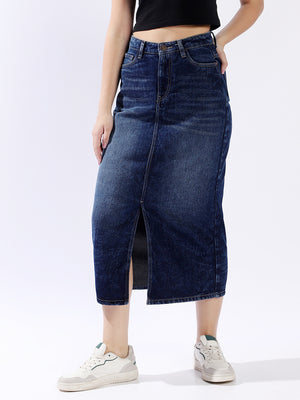 High Rise A-Line Midi Denim Side Front Slit cotton Skirt - High Star x Dennis Lingo