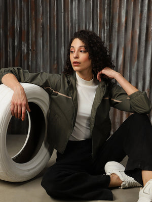 Women Hooded Solid Casual Bomber Jacket