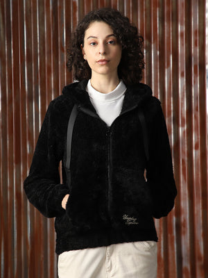 Women Fur Hooded Boxy Fit Tailored Front Open Jacket