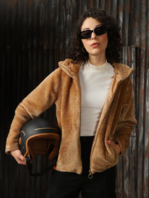 Women Hooded Solid Faux Fur Casual Bomber Jacket
