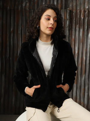 Women Hooded Solid Faux Fur Casual Tailored Jacket