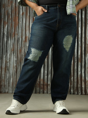 Women High-Rise Mom Fit Light Fade Heavy Distress Jeans - High Star x Dennis Lingo