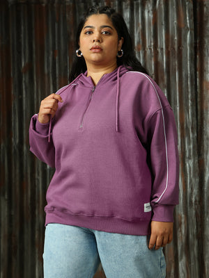 Women Solid Hooded Plus Size With Half Zipper Pullover Sweatshirt