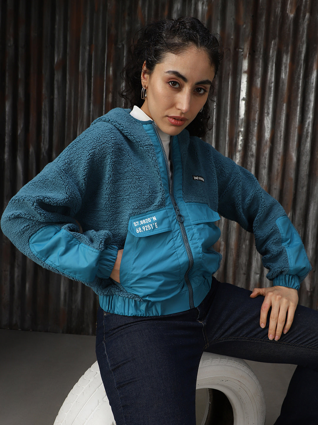 Sherpa Hooded Front-Open Crop Boxy Fit Sweatshirt - High Star x Dennis Lingo
