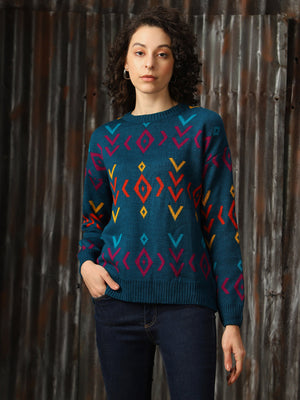 Women Abstract Pattern Round Neck Boxy Fit Pullover
