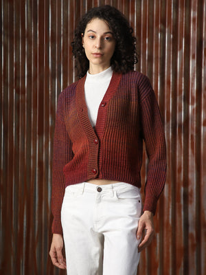 Women Striped Long Sleeves Front-Open Crop Sweater