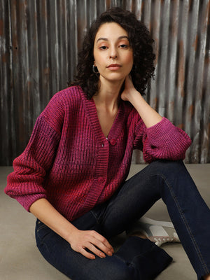 Women Crop Boxy Fit Ombre Yarn Sweater Cardigan