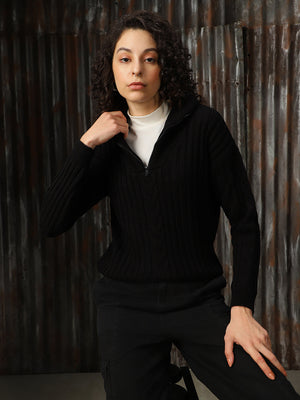 Women Pullover with Zip Detail Cabel Knit