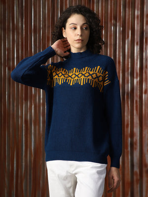 Women Self Design Ribbed High Neck Relaxed Fit Pullover