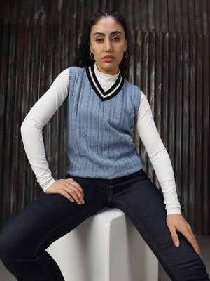 Women Cable Knit V Neck Varsity Sleeveless Sweater Vest