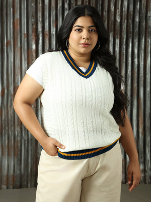 Women Plus Size Cable Knit Light Winters Sleeveless Varsity Sweater Vest