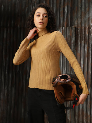 Women Turtle Neck Solid Ribbed Pullover