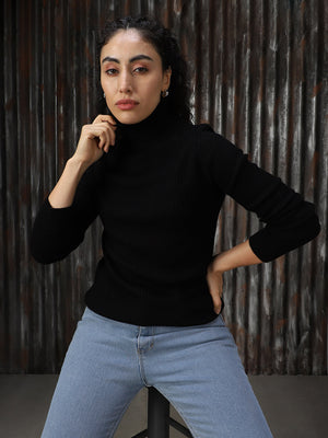 Women Ribbed High Neck Pullover