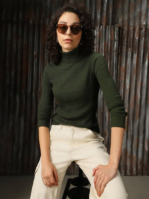 Women Turtle Neck Solid Ribbed Pullover