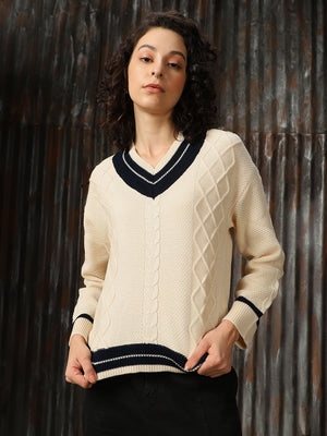 V Neck Varsity Cable Knit Pullover