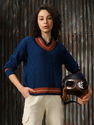 Women V Neck Varsity Cable Knit Pullover