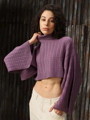 Women Cabel Knit Crop Oversized Fit Loose Sleeve Turtle Neck Pullover