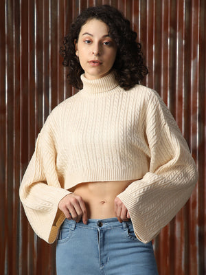 Women Cabel Knit Crop Oversized Fit Loose Sleeve Turtle Neck Pullover Sweaters