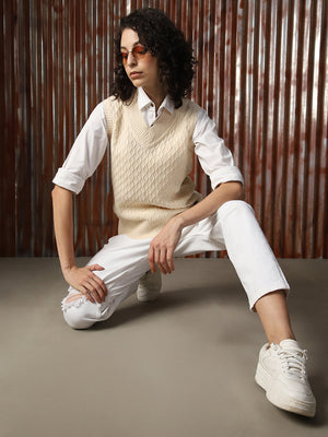 Women V-Neck Cable Knit Sweater Vest