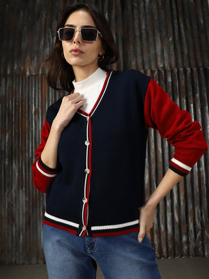 Women Coloblocked Varsity Cardigan Sweaters