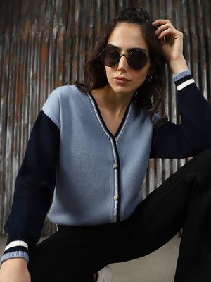 Women V-Neck Colourblocked Cardigan