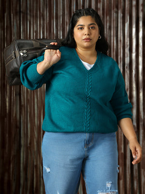 Women Cable Knit V-neck Cuffed Sleeves Pullover Sweaters