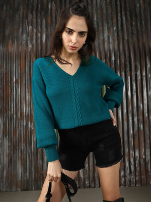 Women Cabel Knit Self Design Pullover Sweaters