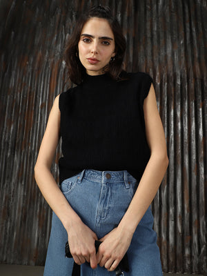 Women Cable Knit High Neck Sleeveless Sweater Vest