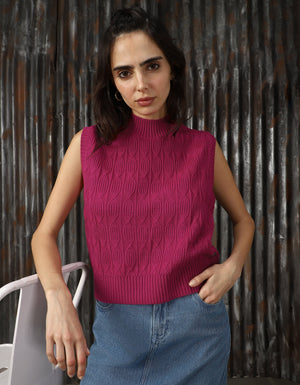 Women Cable Knit Self Design Sleeveless High Neck Pullover Sweaters