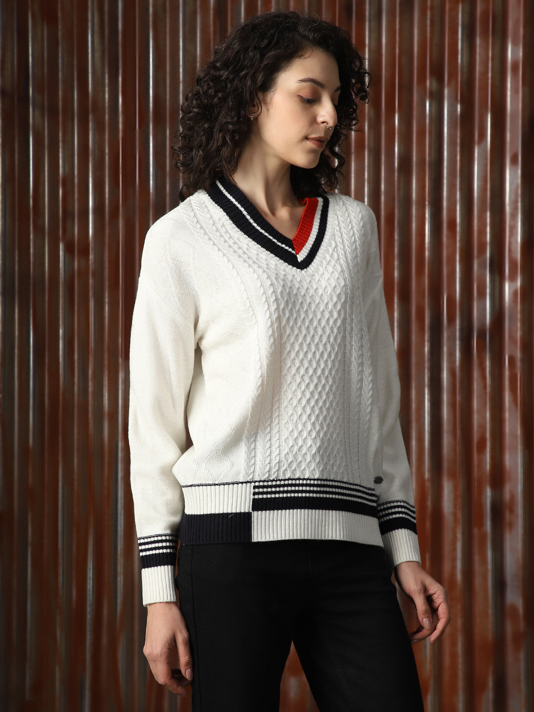 Women Longline Cabel knit Varsity V Neck Pullover