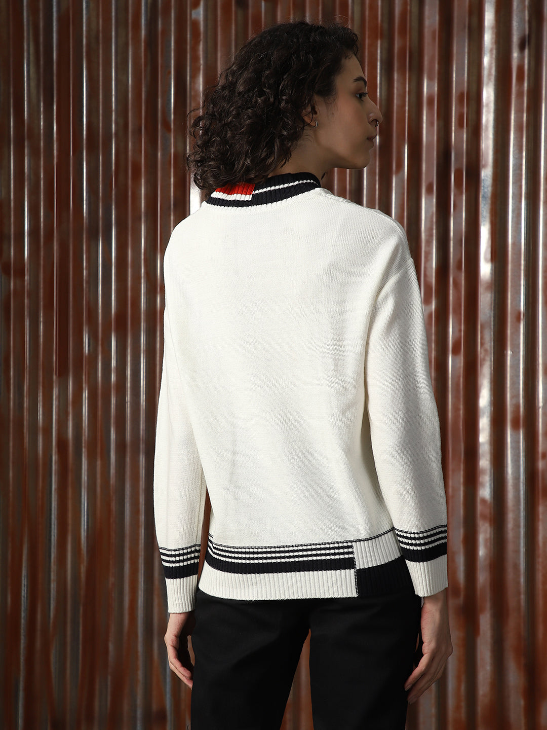 Women Longline Cabel knit Varsity V Neck Pullover