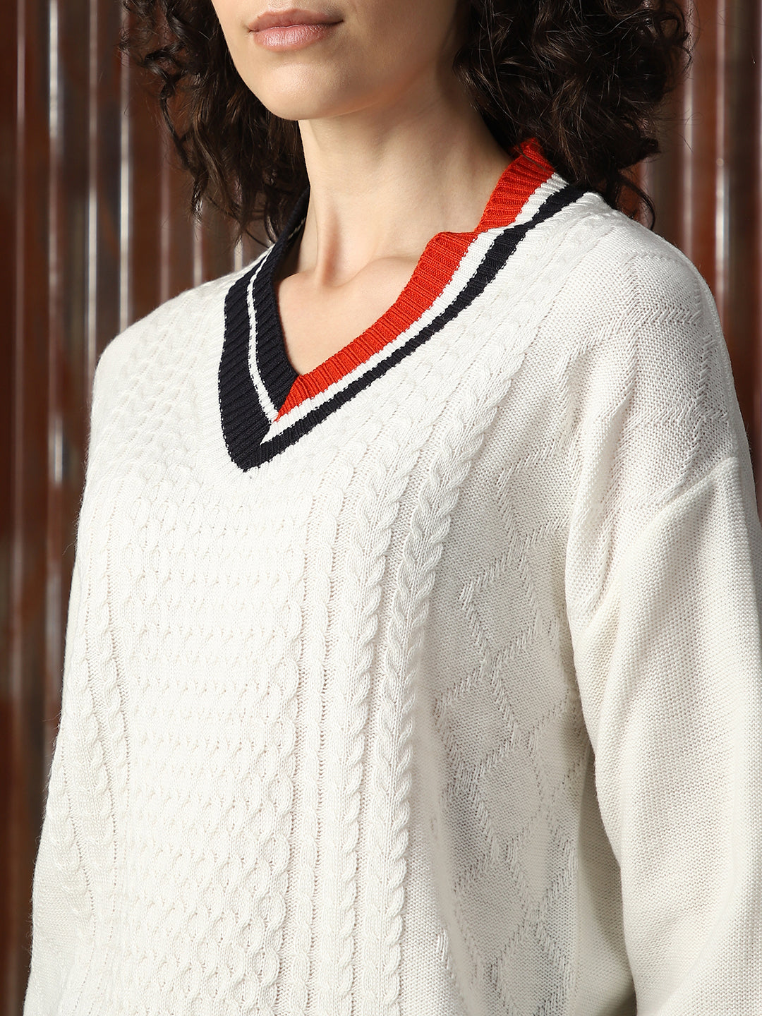 Women Longline Cabel knit Varsity V Neck Pullover