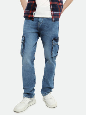 Men's Straight Cargo Solid Light Blue Jeans