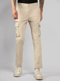 Men's Cream Solid Regular Fit Cargos