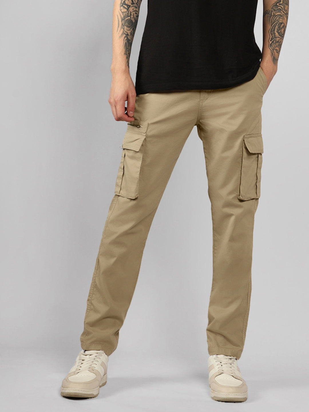 Khaki Slim Cut Cargo Pants Slim Fit Beige Cargo Trousers For Men