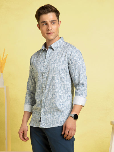 Men's Light Blue Printed Spread Collar Full Sleeves Casual Shirt