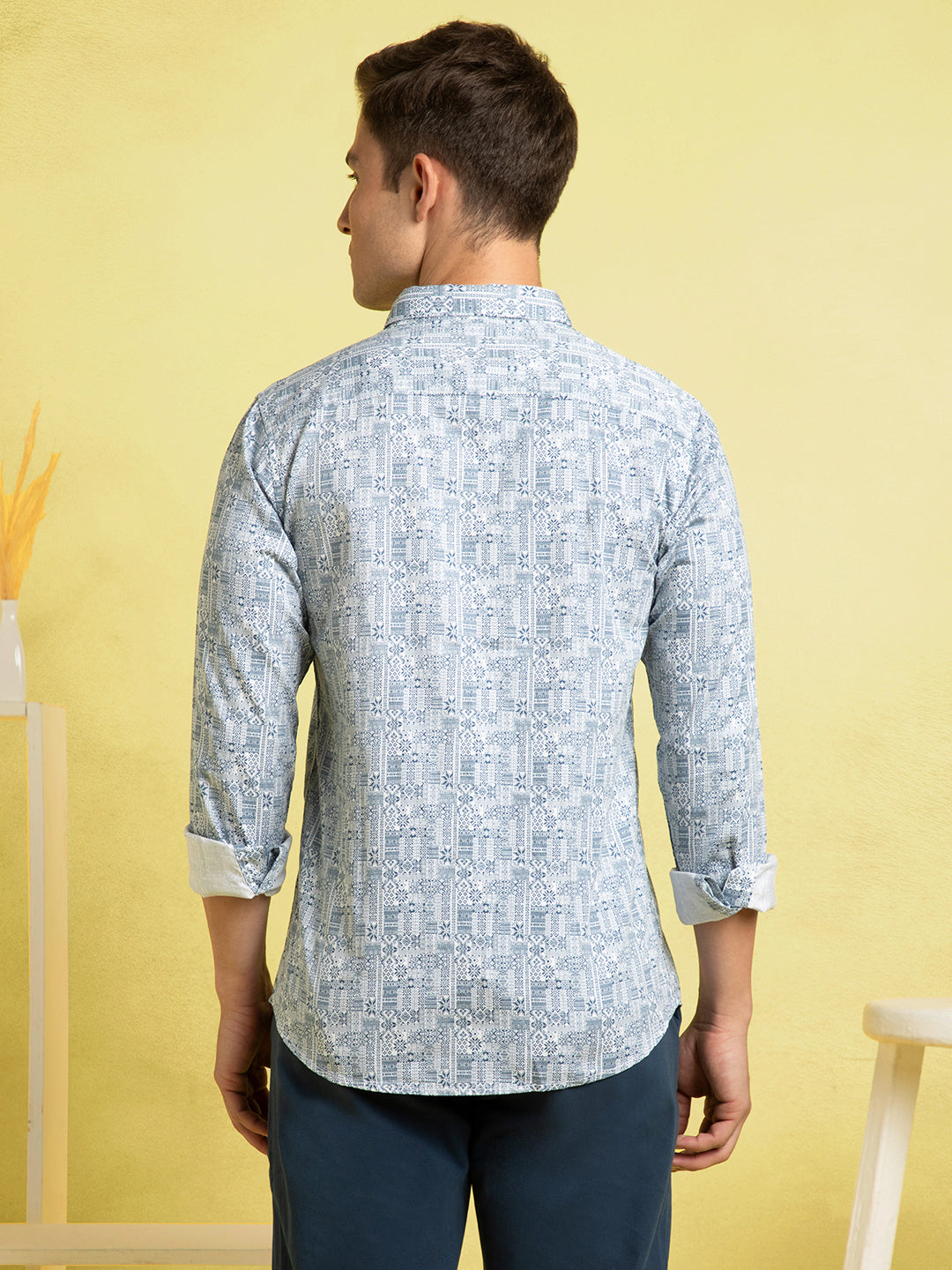 Men's Light Blue Printed Spread Collar Full Sleeves Casual Shirt