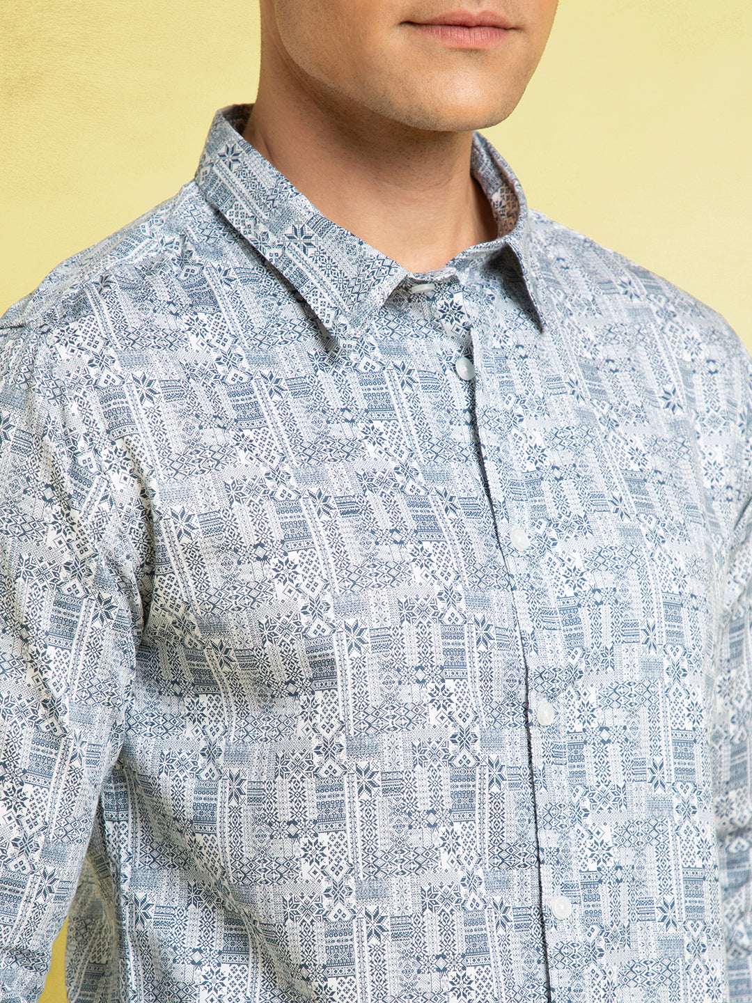 Men's Light Blue Printed Spread Collar Full Sleeves Casual Shirt