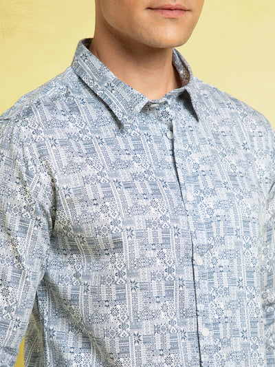 Men's Light Blue Printed Spread Collar Full Sleeves Casual Shirt