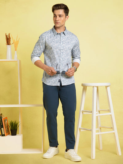 Men's Light Blue Printed Spread Collar Full Sleeves Casual Shirt