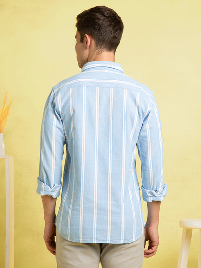Men's Light Blue Striped Button-Down Collar Full Sleeves Casual Shirt