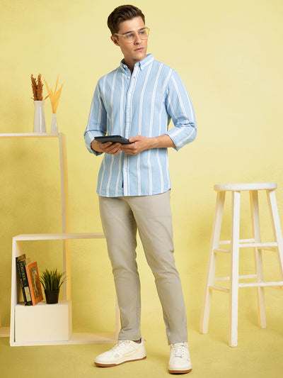 Men's Light Blue Striped Button-Down Collar Full Sleeves Casual Shirt
