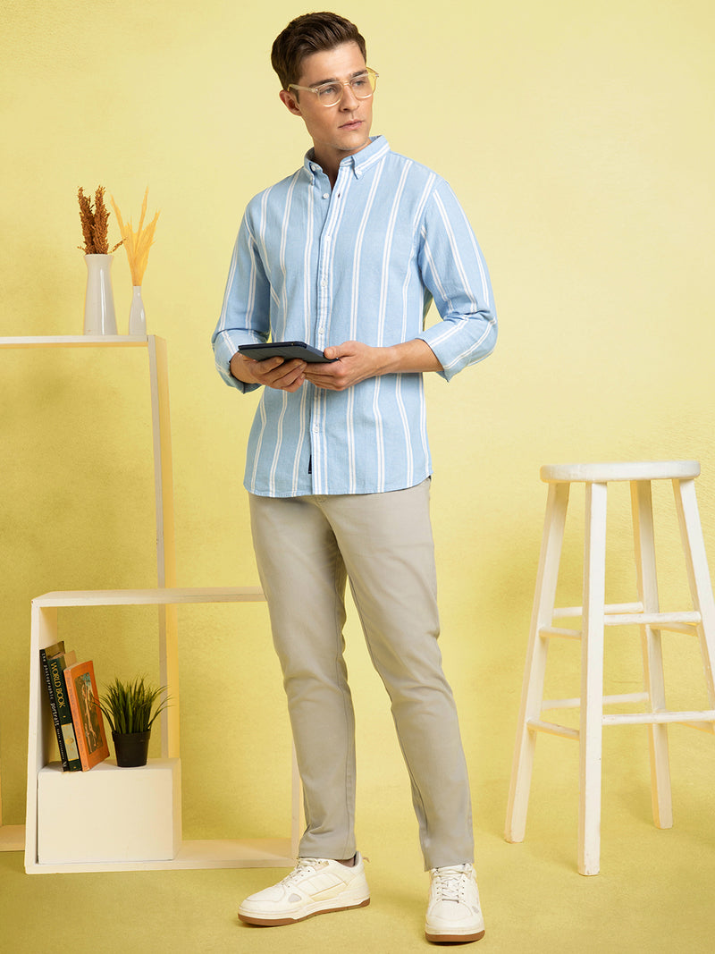 Men's Light Blue Striped Button-Down Collar Full Sleeves Casual Shirt