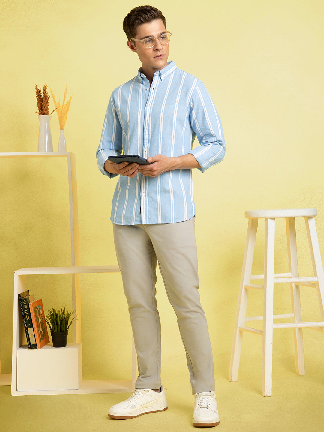 Men's Light Blue Striped Button-Down Collar Full Sleeves Casual Shirt