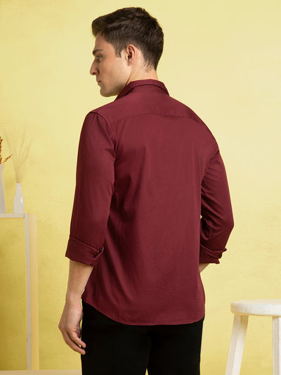 Men's Wine Solid Spread Collar Full Sleeves Casual Shirt