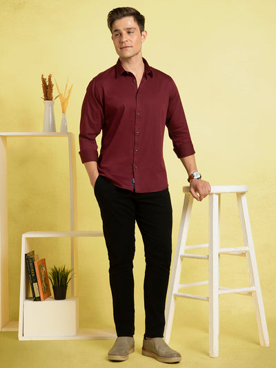 Men's Wine Solid Spread Collar Full Sleeves Casual Shirt