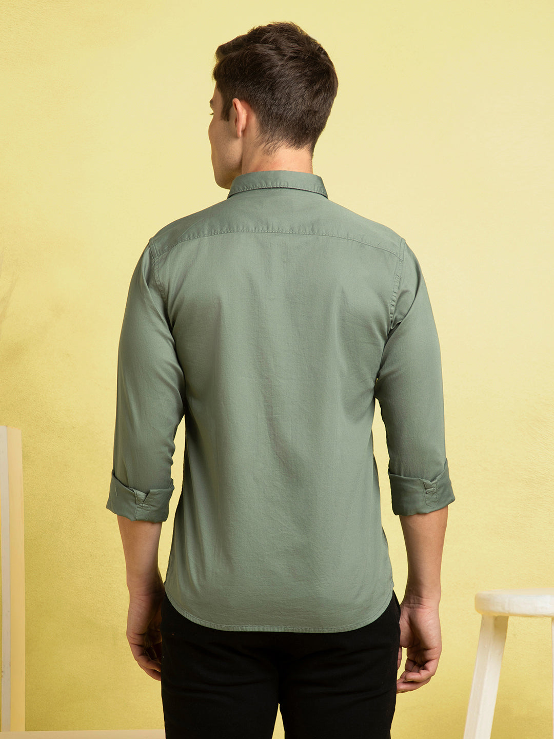 Men's Olive Solid Spread Collar Full Sleeves Casual Shirt