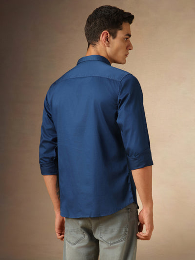 Men's Navy Solid Spread Collar Full Sleeves Casual Shirt
