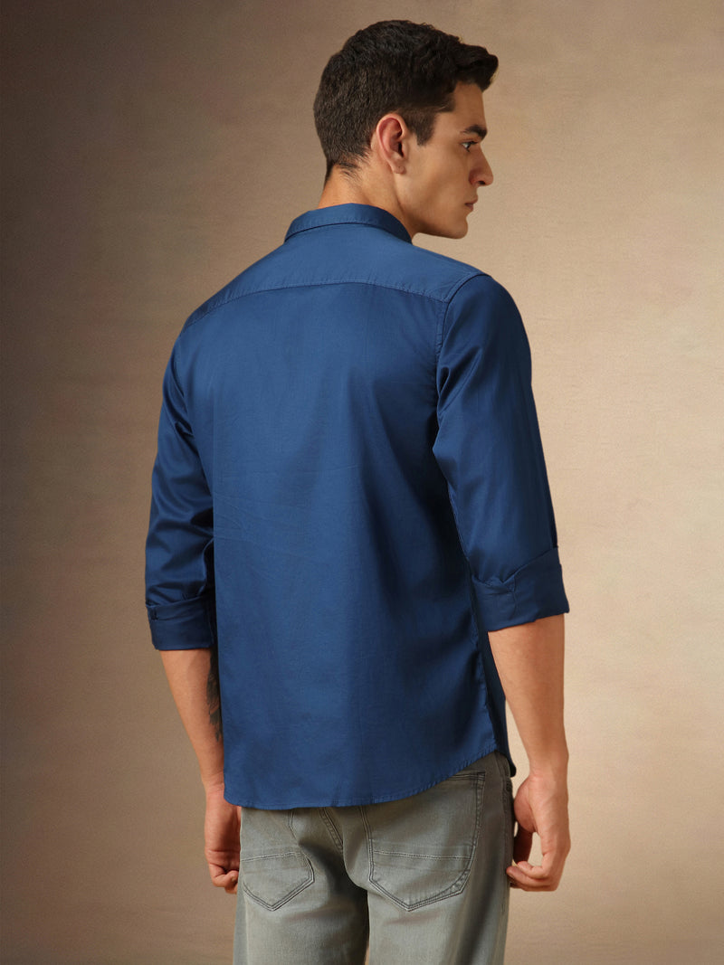 Men's Navy Solid Spread Collar Full Sleeves Casual Shirt