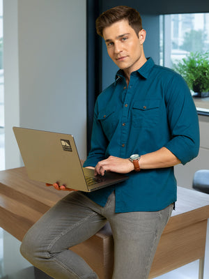 Men's Teal Blue Solid Spread Collar Full Sleeves Casual Shirt